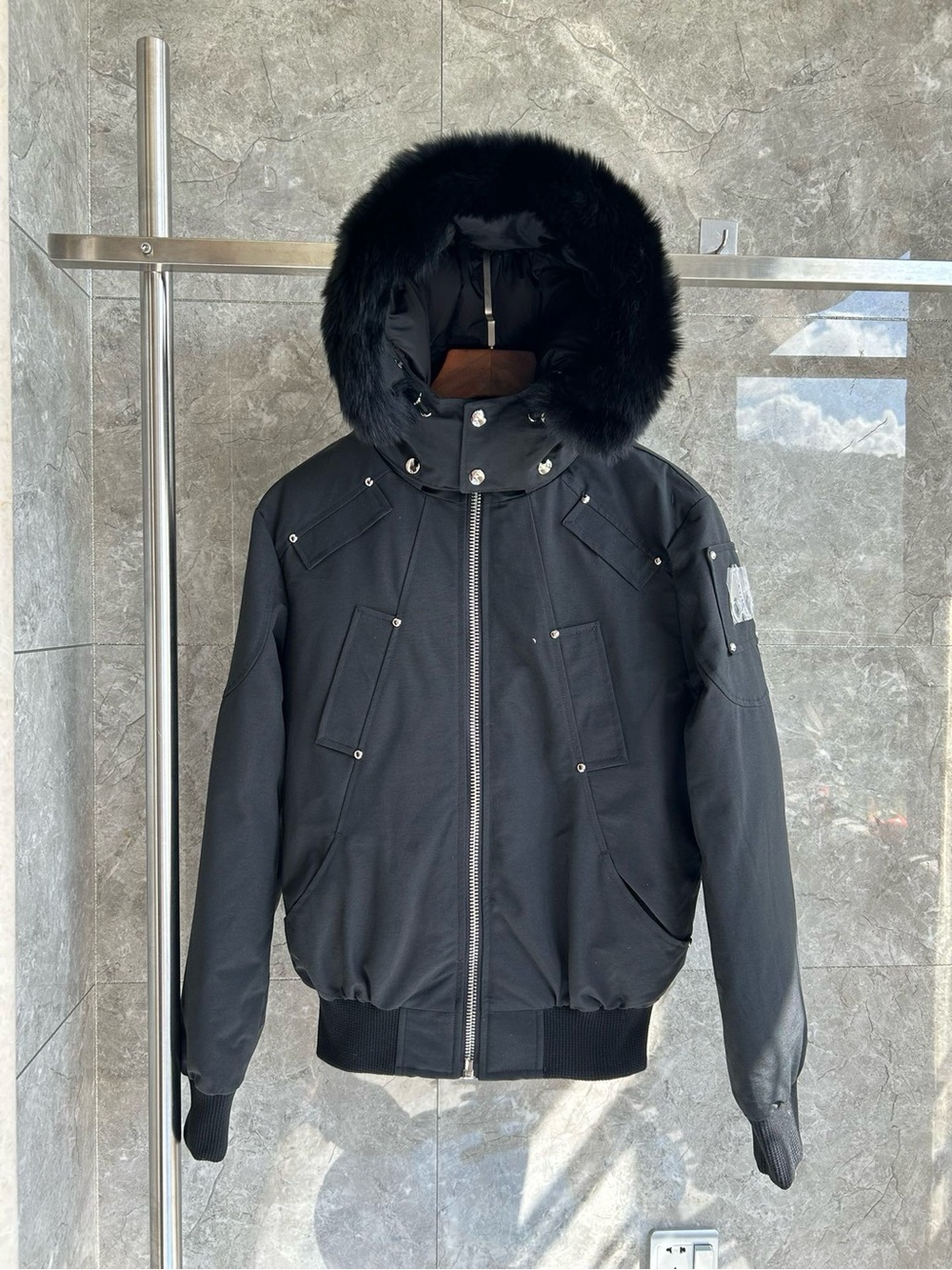 Moose Knuckles Black Hooded Bomber with Fur Trim